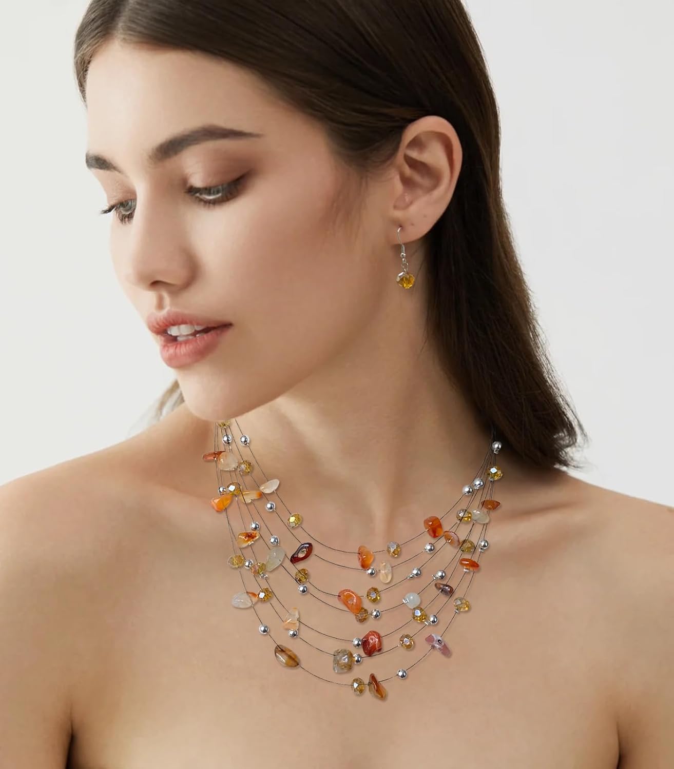 Multi-Layer Boho Shell Beaded Necklace for Women Colorful Crystal Strand with Silver Beads Statement Collars Necklace and Earrings Costumes Jewelry Sets for Women - Image 3