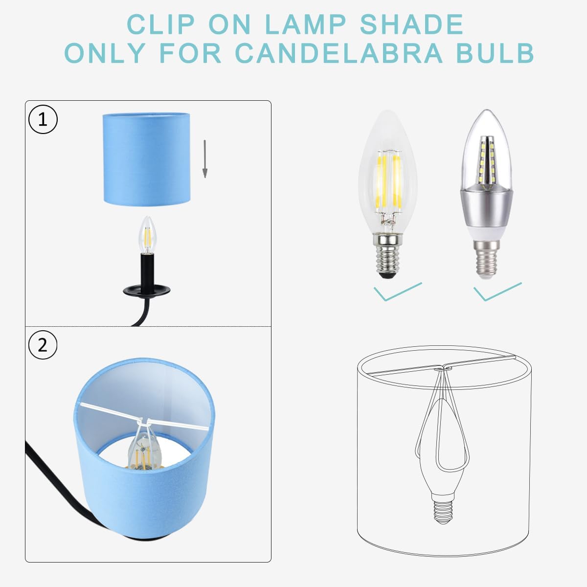 LAMPWELL LEBE Blue Clip on Chandelier Lamp Shades Set of 6,Small Lamp Shades Clip on bulb,5.2"×5.2"×H5.2",Fabric Mini Drum Lamp Shade,Handmade,FOR CANDLE BULB AND SMALL GENERAL BULB