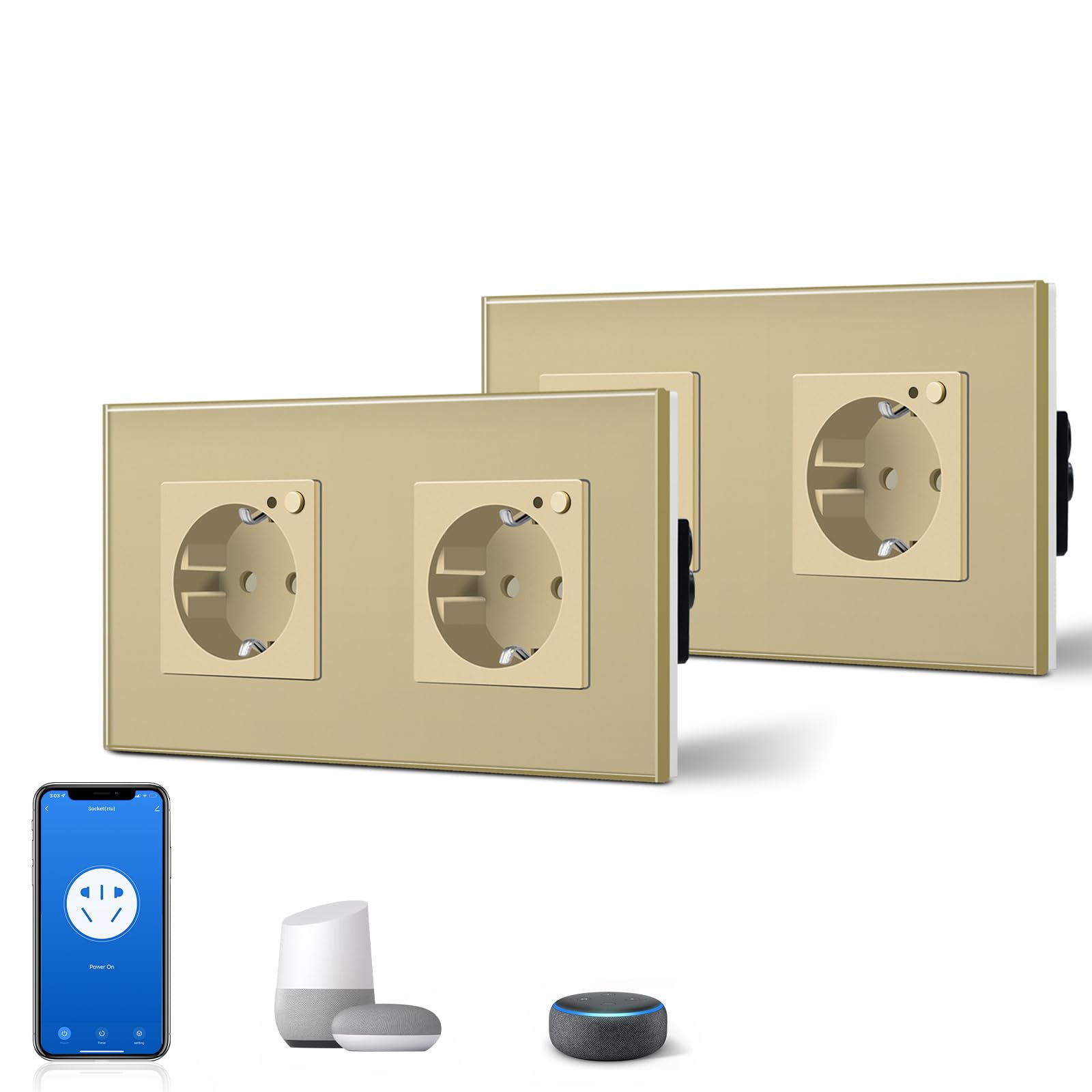 BSEED Presa Schuko Wifi 16A Smart Alexa in vetro, confezione da 2 prese doppie a 2 vie, oro 157 mm, installazione a incasso, controllo app, lavoro con Alexa/Google Home fai da te, solo 2,4 GHz