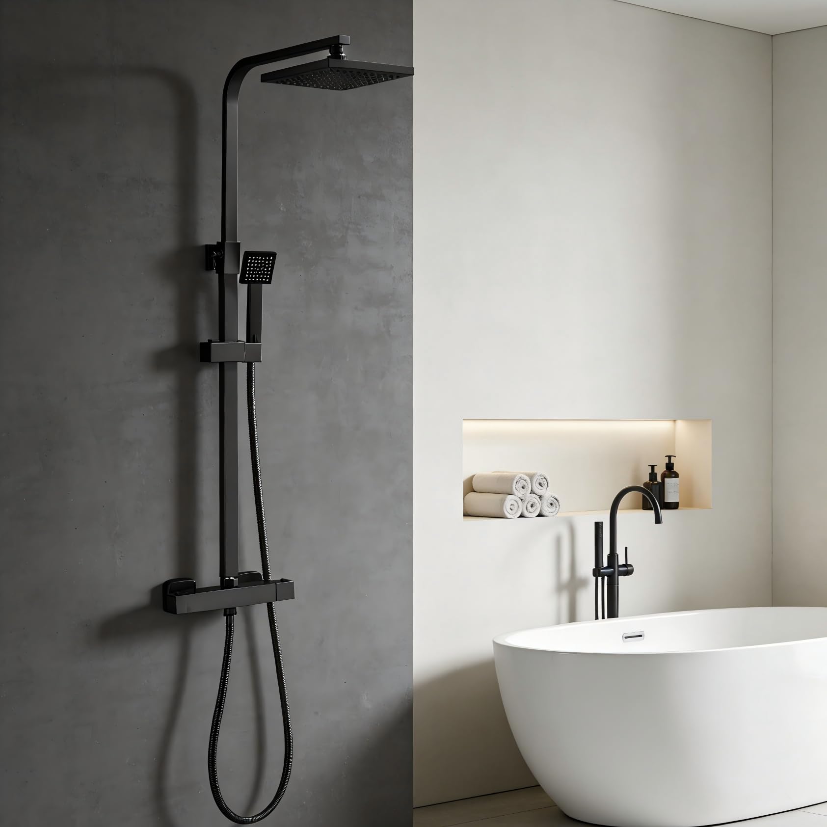 STANEW Thermostatic Shower Column with 20 cm Square Shower Ceiling, Thermostatic Shower System 38 °C, Black Adjustable Shower Column Height Between