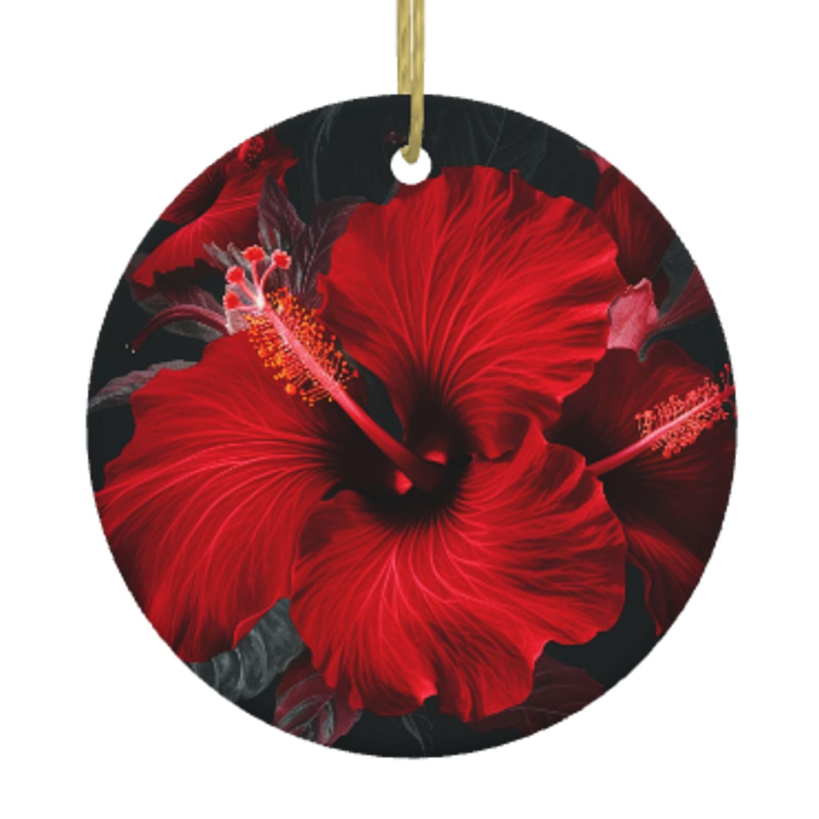 Ceramic Christmas Tree Hanging Ornaments with Gold Ropes Christmas Tree Decorations Round Ceramic Red Hibiscus Flowers Pendant Keepsake Decorations for Holiday Xmas Gift Ideas