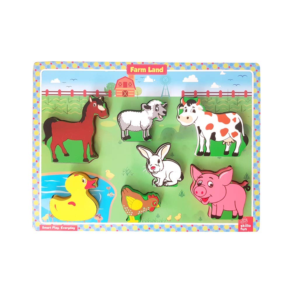 Skillofun Wooden Farm Animals Chunky Puzzle (2+ Years) - Learning Puzzle for Farm Animals (Extra Thick Blocks)