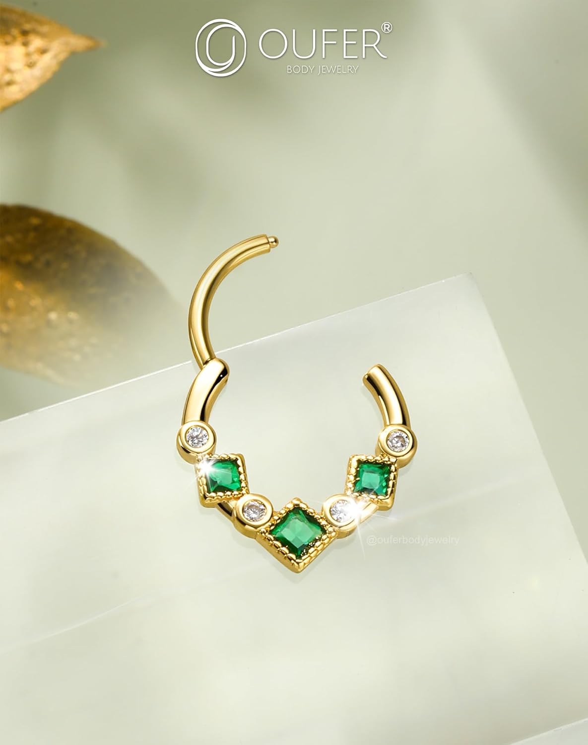 OUFER Gold Septum Ring, 16G Green CZ Septum Piercing Jewelry, 316L Surgical Steel Septum Jewelry, Hinged Segment Daith Helix Cartilage Earrings For Women - Image 5