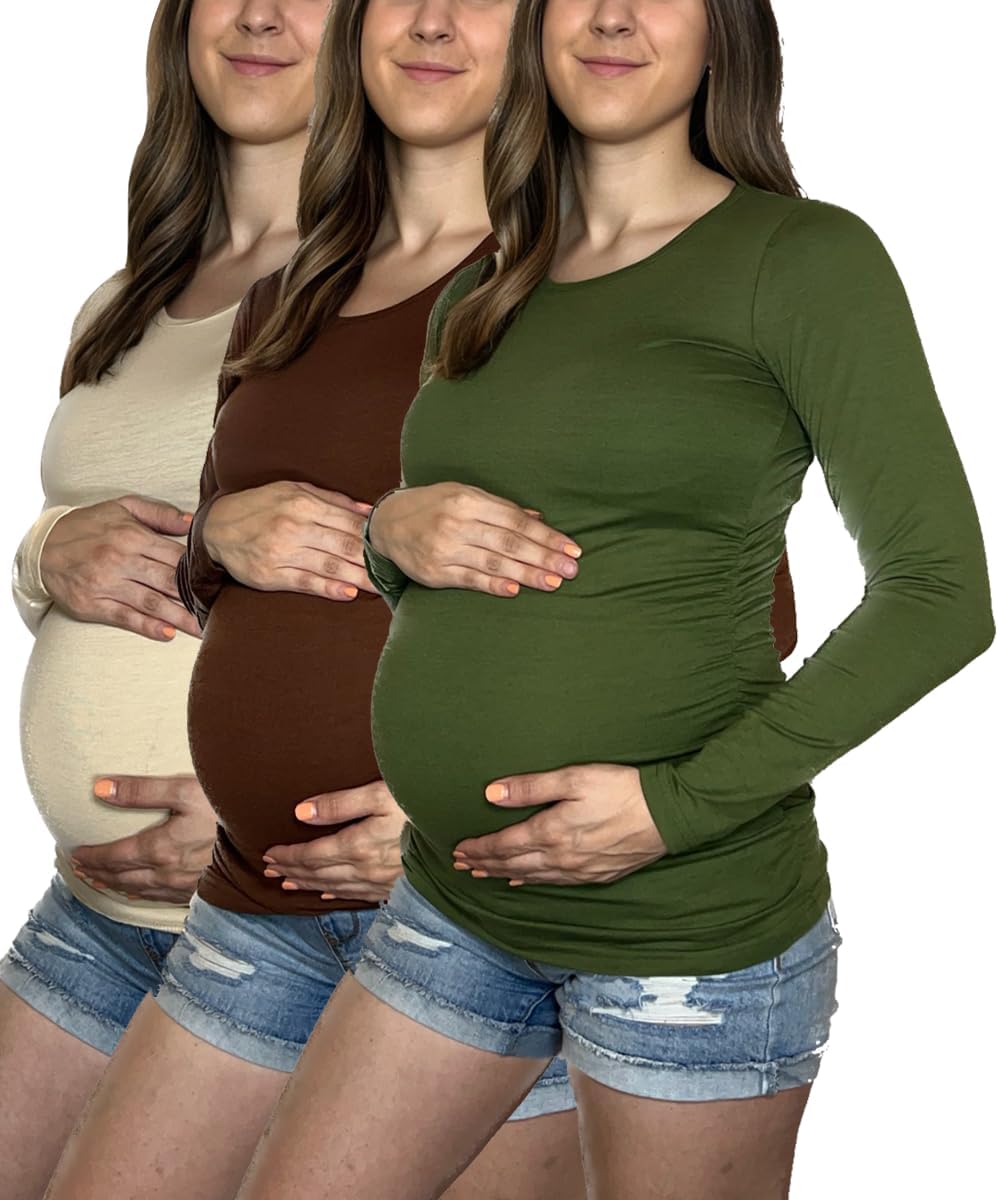 MISS POPULAR Womens 3 Pack Maternity Long Sleeve Shirts Assorted Styles and Colors Ruched Side Cozy Pregnancy Tops