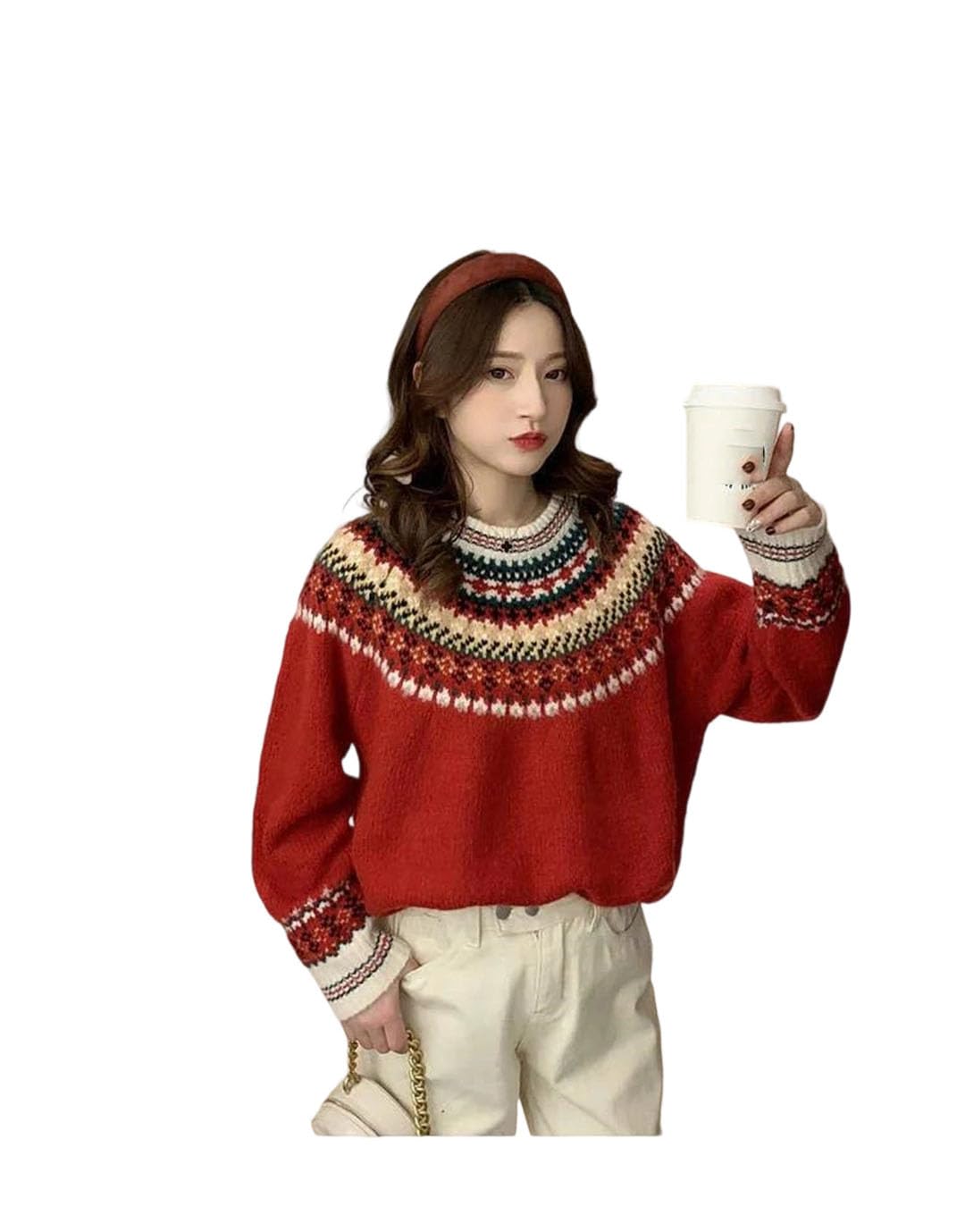 Womens Winter Stitching Textured Round Neck Top Loose Commuter Knitted Sweater