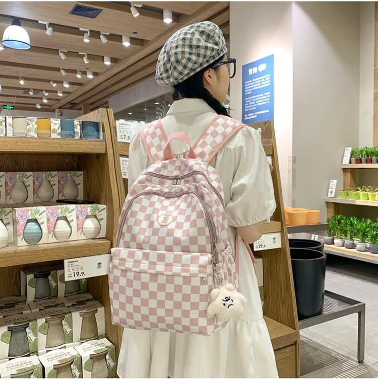 Miniatura 2 de Linda mochila a cuadros apta para portátil de 15.6 pulgadas con diseño de tablero de ajedrez ligero Academia estética Kawaii Preppy Y2K, Rosado,