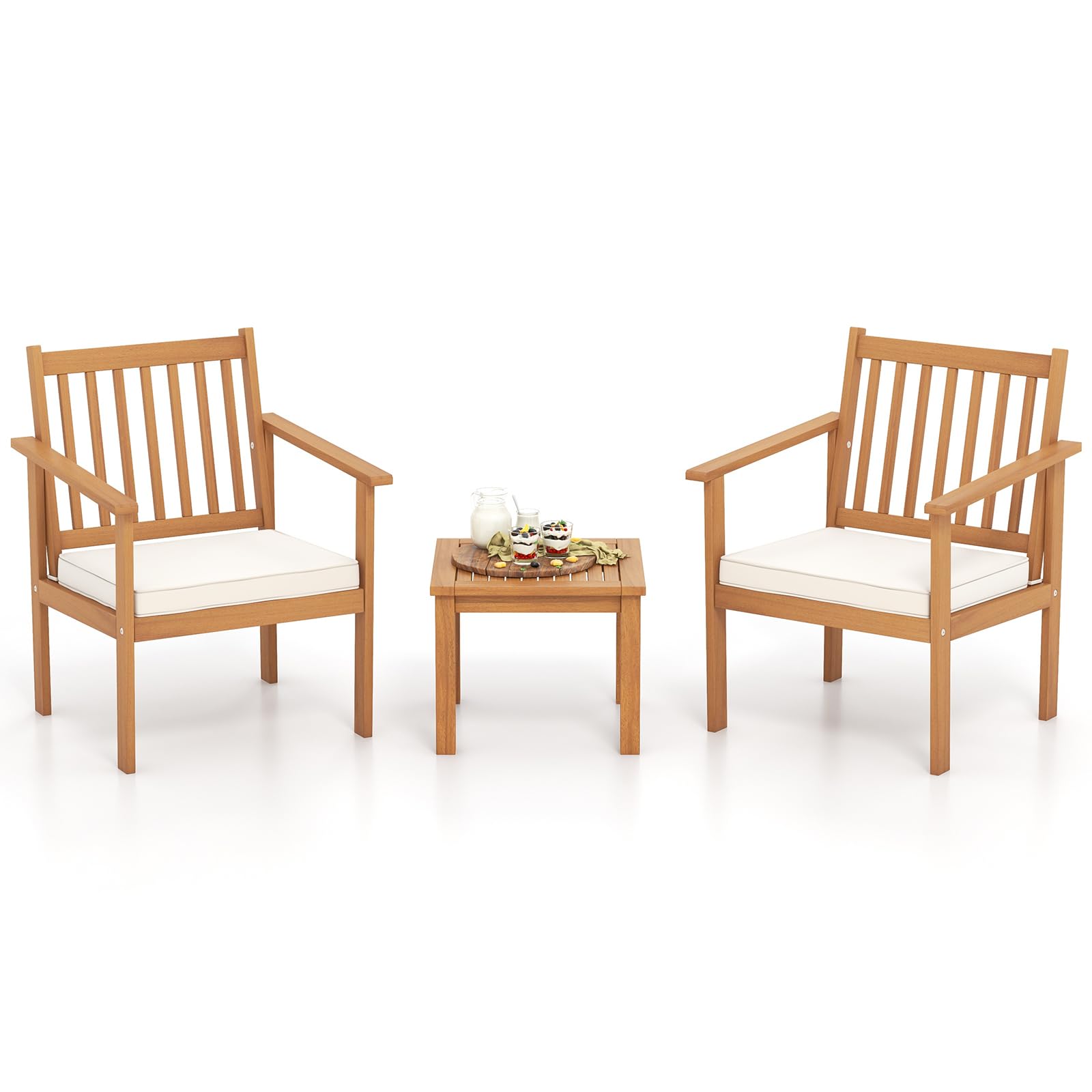 GIANTEX Juego de Muebles de Jardín 3 Piezas, Muebles de Exterior de Madera de Acacia, Conjunto de 2 Sillas con 1 Mesita de Café, con Cojines, para Jardín, Terraza, Patio