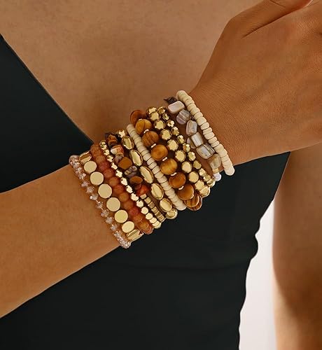 Miniatura 3 de iF YOU 12 pulseras bohemias con cuentas para mujer, color marrón, bohemio, apilable, con cuentas doradas, elásticas, regalo de joyería
