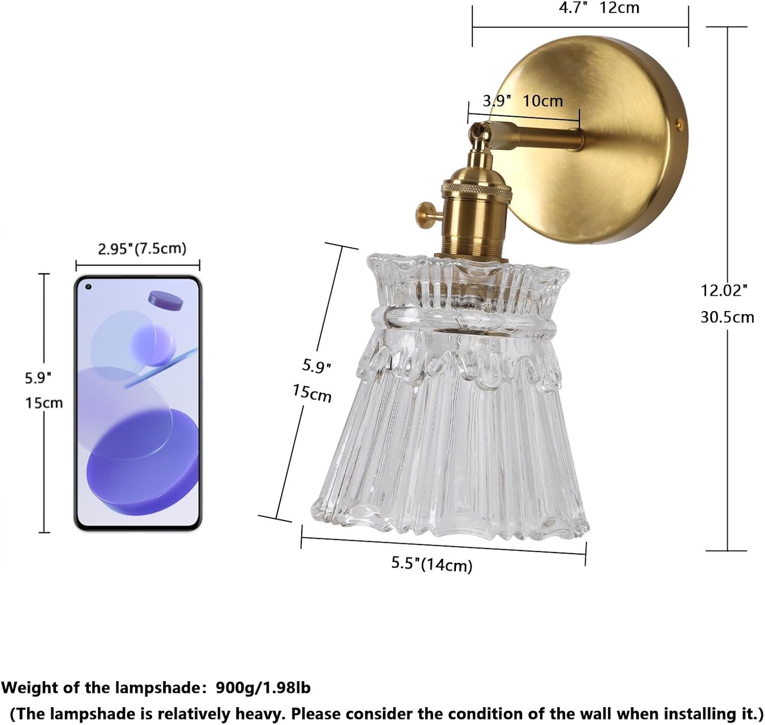 Vintage Gold Wall Sconces with Lampshade Brass Sconces Modern Wall Lighting Fixture with Switch for Bathroom, Bedroom, Living Room Classic E26