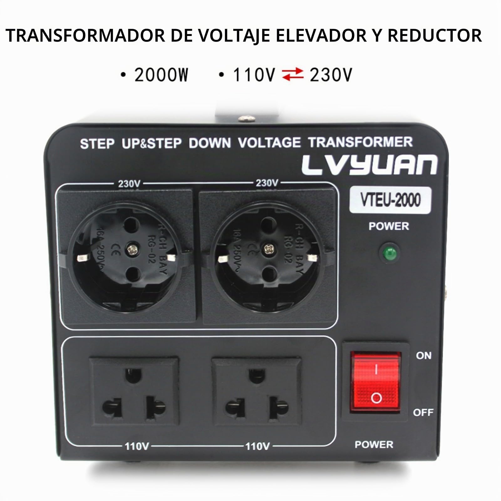 Cantonape 2000W Transformador de conversor de voltaje, Step Up/Down Converter 220/240 voltios - 110/120 voltios 110V -Transformador Elevador/cable de alimentación de la EU