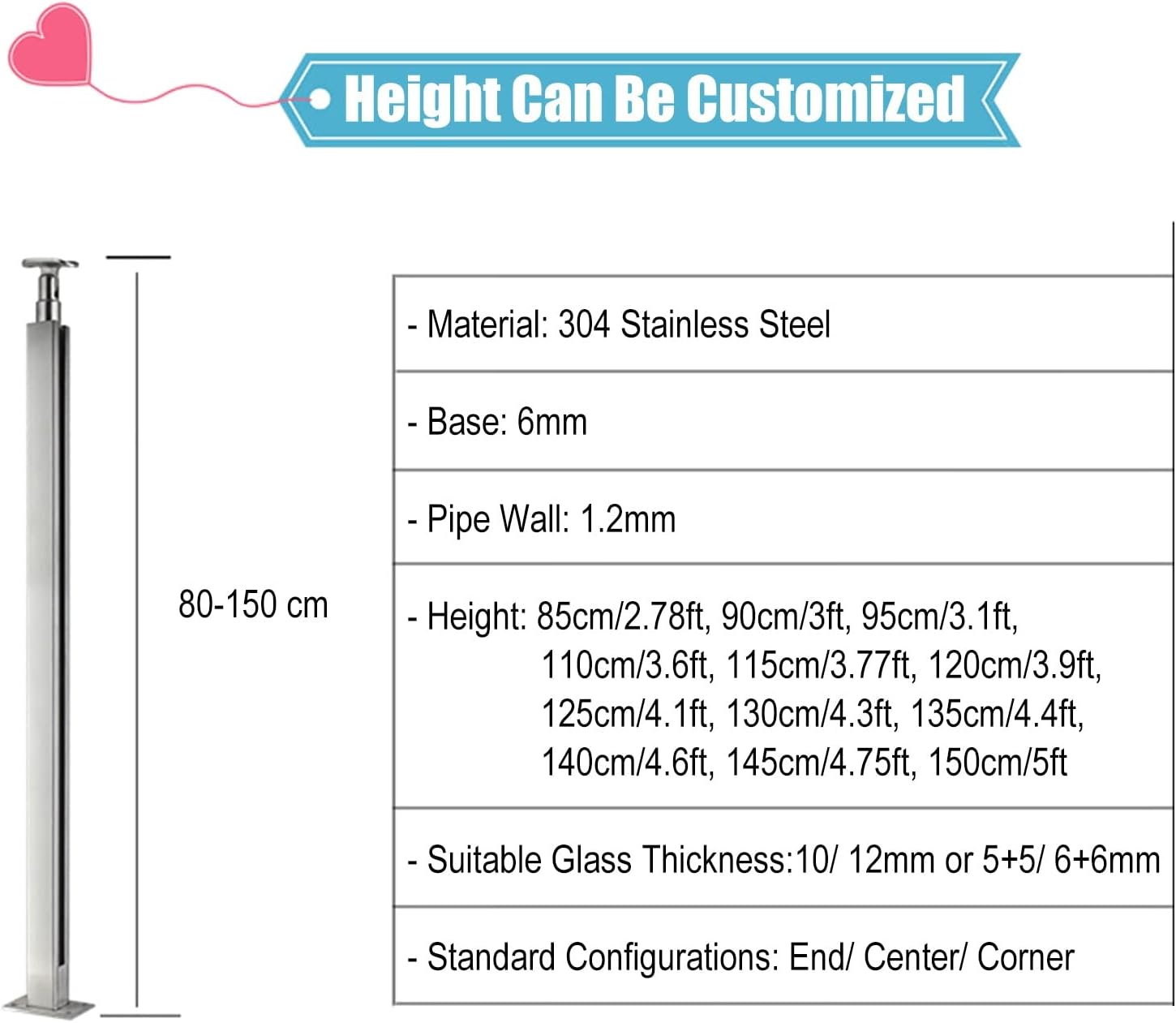 Glass Railing Post,Stair Post 3/4/5ft Tall Glass Railing Post, Stainless Steel Staircase Base Rail for Glass Panels, Indoor Attic Stairs Square Fence Support System