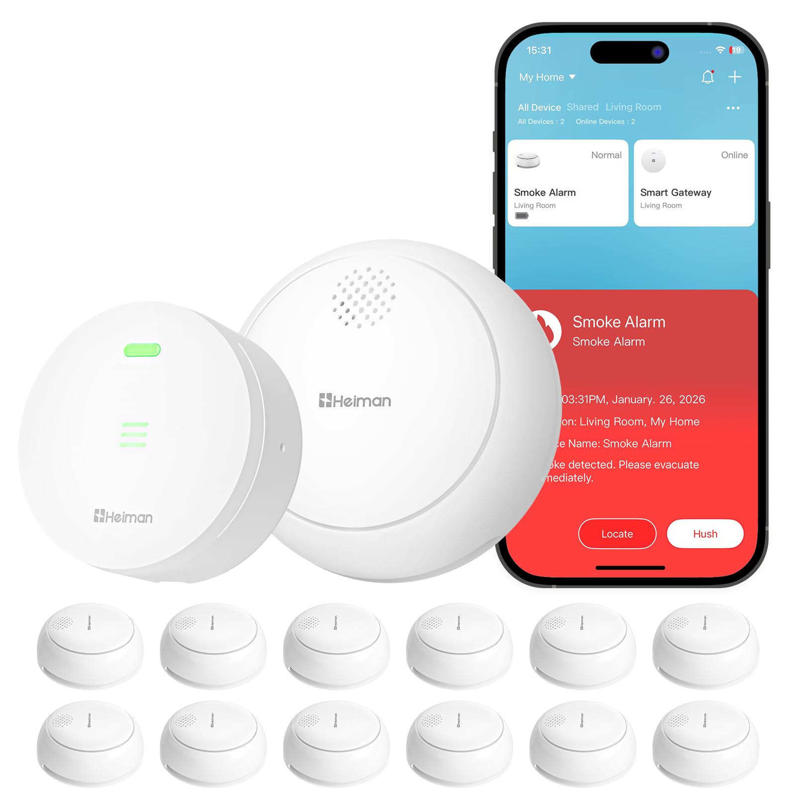 Heiman Smart - Juego de 12 detectores de humo con puerta de enlace y control de aplicación, batería de 10 años, etiqueta Q y EN 14604, detector de humo inalámbrico con soporte magnético, Smart Home