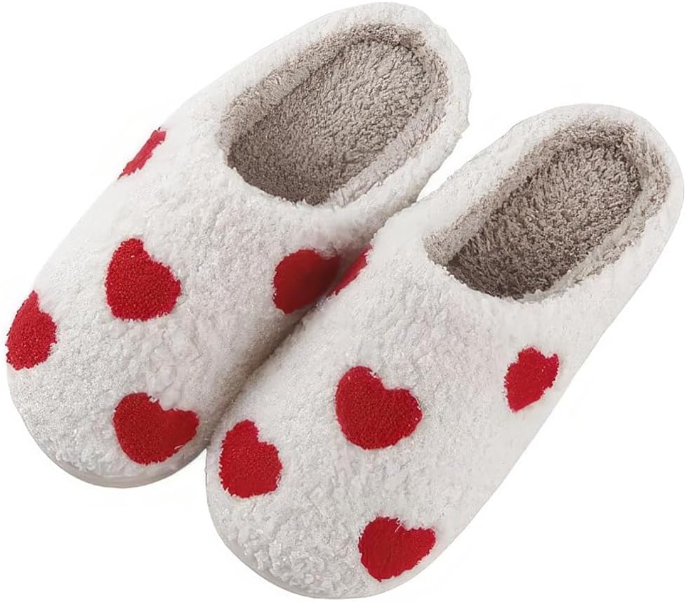 Valentines Day Slippers Fuzzy Love Heart Slippers for Womens Mens Winter Plush Warm Cozy House Slippers