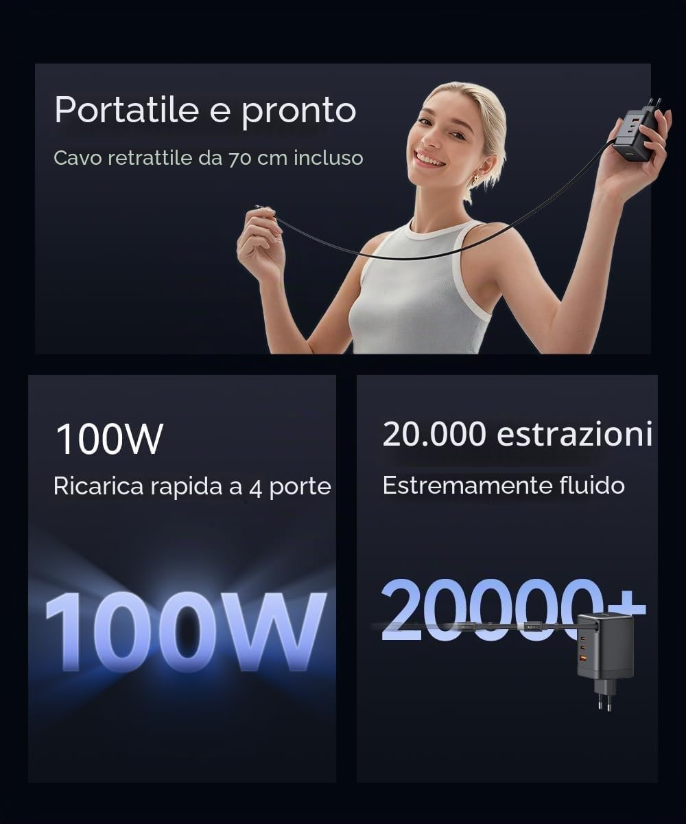 Mcdodo 100W Caricatore USB C con Cavo Retrattile, Alimentatore GaN 4-Porte Caricatore Veloce con Cavo Retrattile da 70cm per MacBook Pro/Air, iPhone 17/16/15/14, Galaxy S25/S24, iPad Pro, Steam Deck