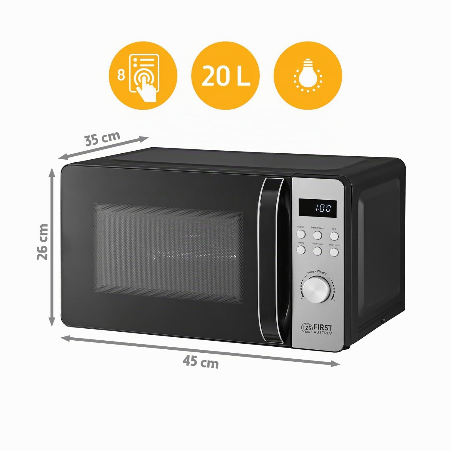 TZS First Austria micro-ondes digital avec grill, 20L, 700W micro-ondes, 800W grill, 8 programmes automatiques, démarrage rapide, écran LED, compact, antidérapant, inox, décongélation, gratinage