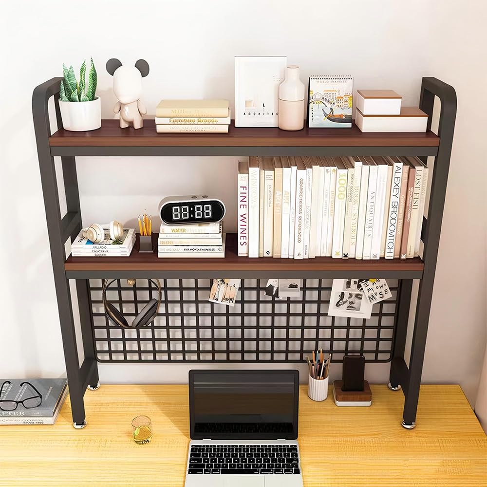 NUODWELL Libreria da scrivania per computer a 2 ripiani, in metallo, con pannello a griglia, 95 cm, multiuso, in legno, per esposizione del computer, per ufficio, casa, dormitorio, (nero)