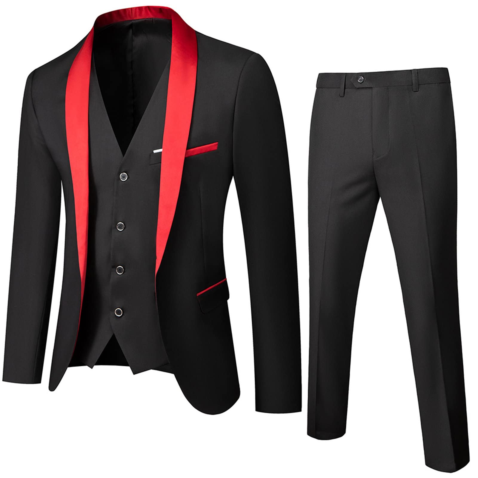 Men Shawl Lapel 3 Piece Tuxedo Suit Slim Fit One Button Jacket Vest & Pant Set Business Wedding Dinner Blazer Set (Red,XX-Large)