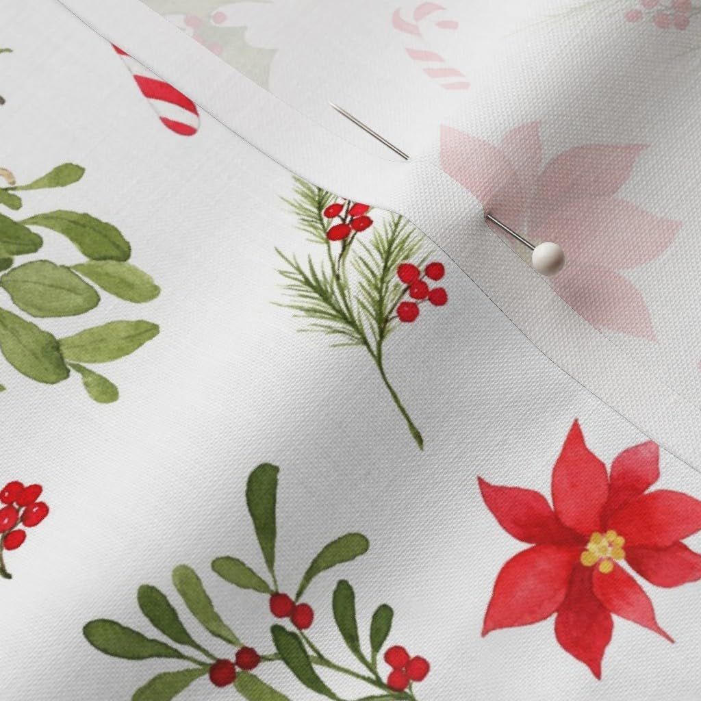Spoonflower Fabric - Christmas Watercolor Holiday Holly Candy Canes Florals Green Printed on Petal Signature Cotton Fabric by The Yard - Sewing Quilting Apparel Crafts Decor