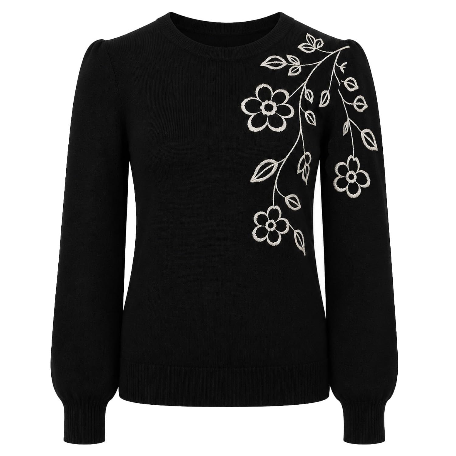 OXKnit - Maglione da donna a girocollo a maniche lunghe, con ricamo floreale anni '70, maniche a sbuffo, per il tempo libero