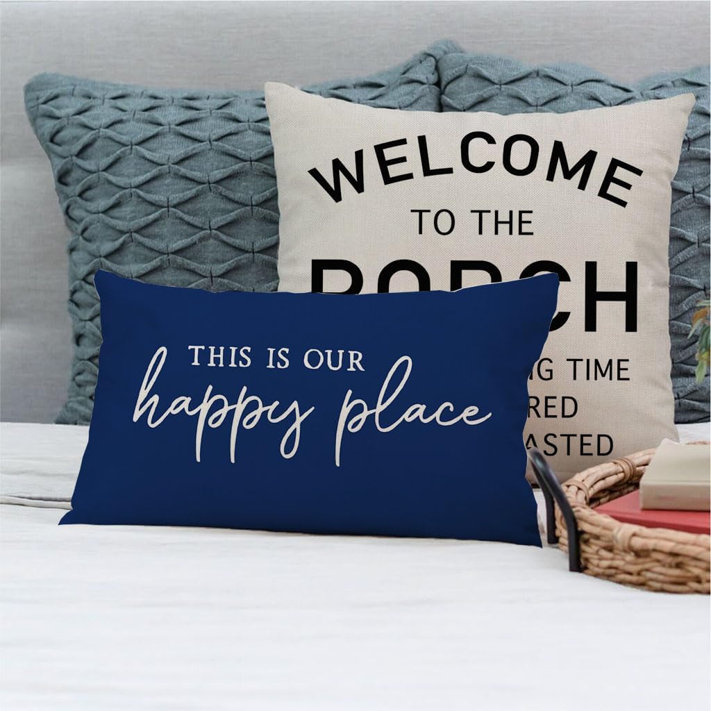 PANDICORN This is Our Happy Place Pillow Covers 12x20 Inch Blue Modern Farmhouse Outdoor Cottage Decorations Lumbar Decorative Throw Pillows Cases for Home Living Room Bedroom Porch Couch Sofa Decor - Image 2