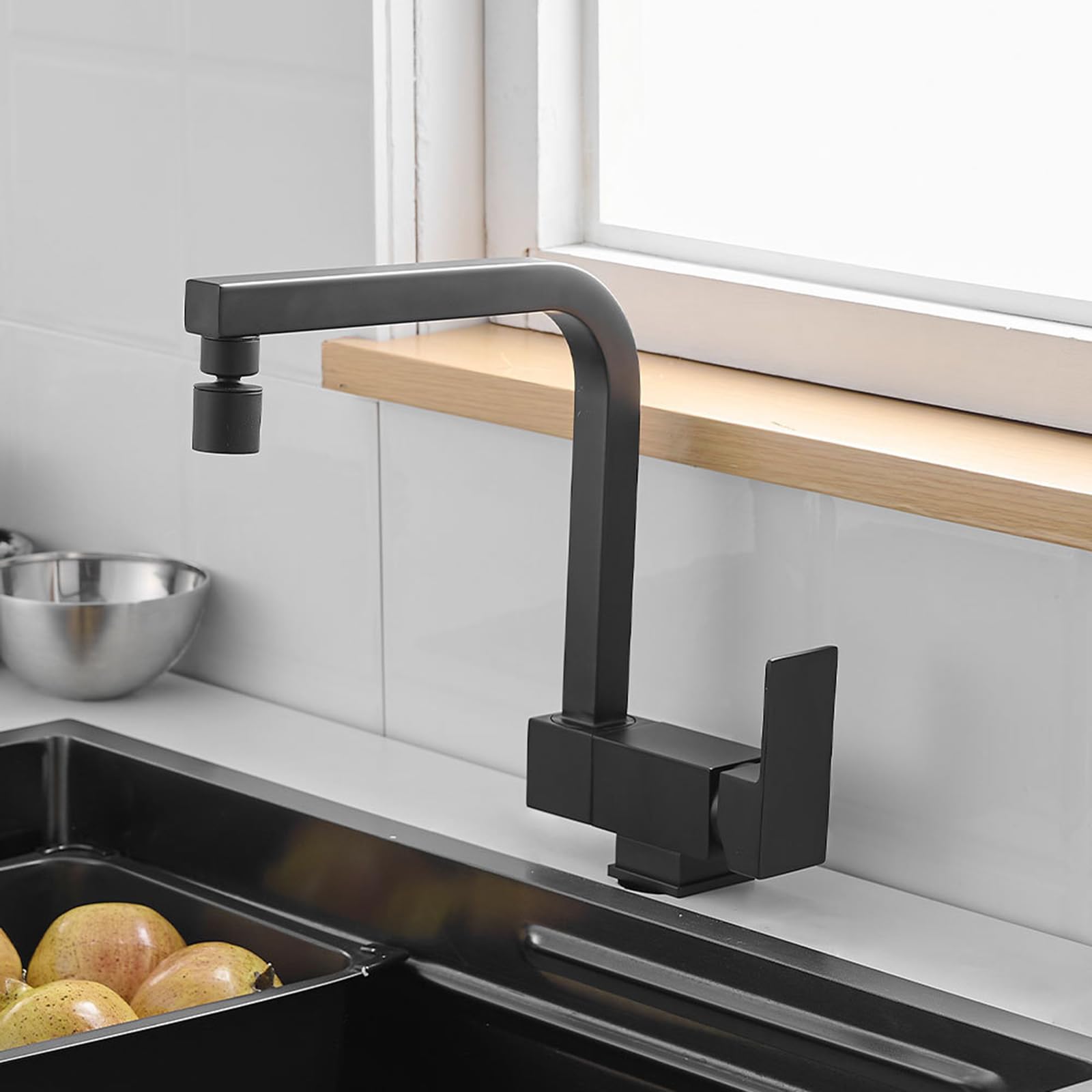 ZYCHSJXA Front Window Kitchen Tap Folding 360° Swivel Brass 2 Modes Sink Taps Mixer-Black