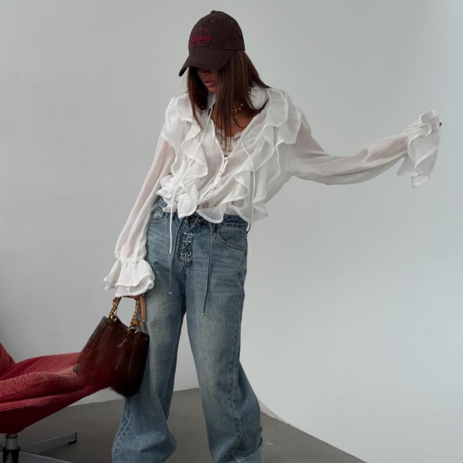 JCVBN - Camicetta da donna con scollo a V e maniche a balze, stile casual, da ufficio, con scollo a V, orlo a volant, maniche a balze, vestibilità comoda, per ufficio e casual, poliestere