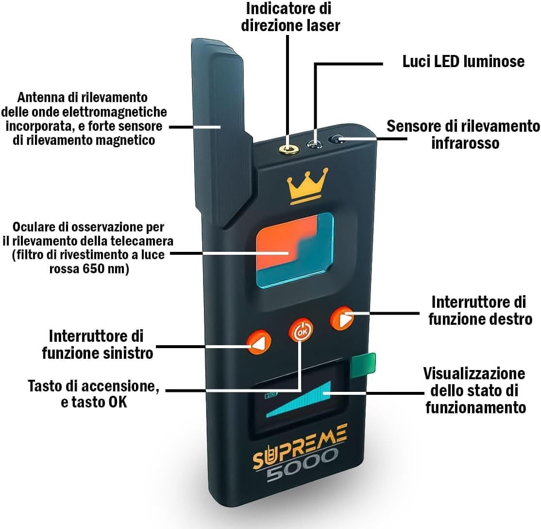 Rilevatore Professionale di Microspie, Telecamere Nascoste e GPS - Dispositivo Portatile Avanzato con Alta Sensibilità per Rilevare Segnali Wireless in Auto Uffici Casa - Supreme 5000