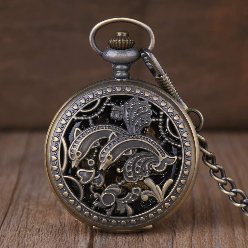 OIFMKC Pocket Watch Vintage Carved Hollow Cute Dolphins Mechanical Pocket Watch Fashion Mechanical Style Pendant