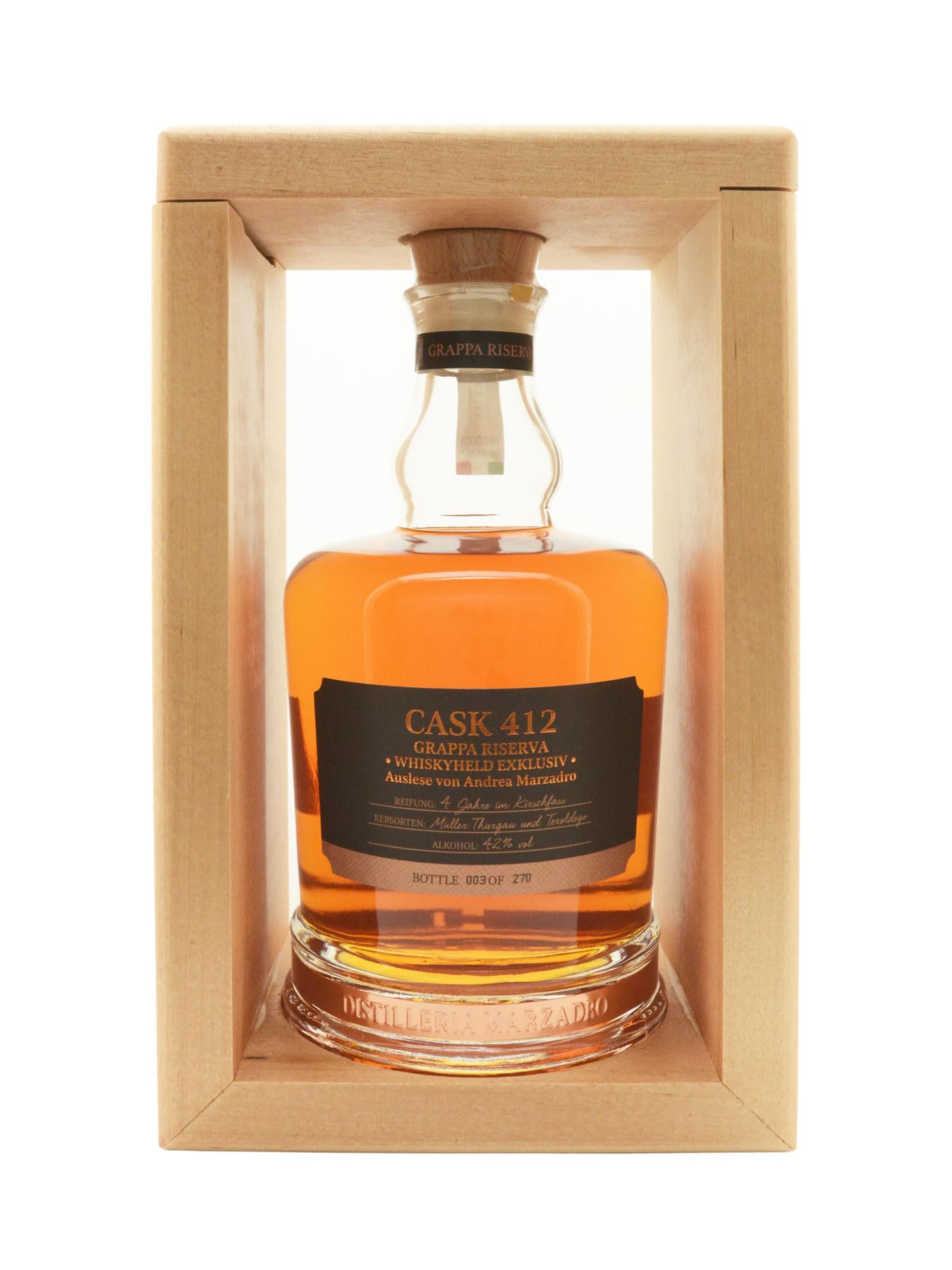 Marzadro Premium Grappa Riserva - 4 Jahre Single Cask #412 Whiskyheld Exklusiv 42% Einzelfassabfüllung limitiert auf 270 Stk.
