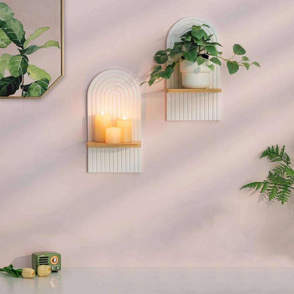 2Pcs Wood Wall Shelves Bohemian Floating Shelf for Office or Dorm Room Decors