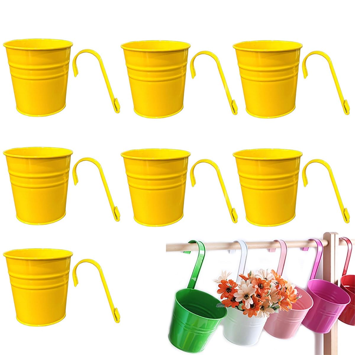 IRCKONCI 7 PCS Vintage Hanging Flower Pots Metal Iron Bucket Planter Plant Pots With Detachable Hook And Drainage Hole, for Fence Balcony Garden Wall Home Decor Outdoor Patio(Yellow)