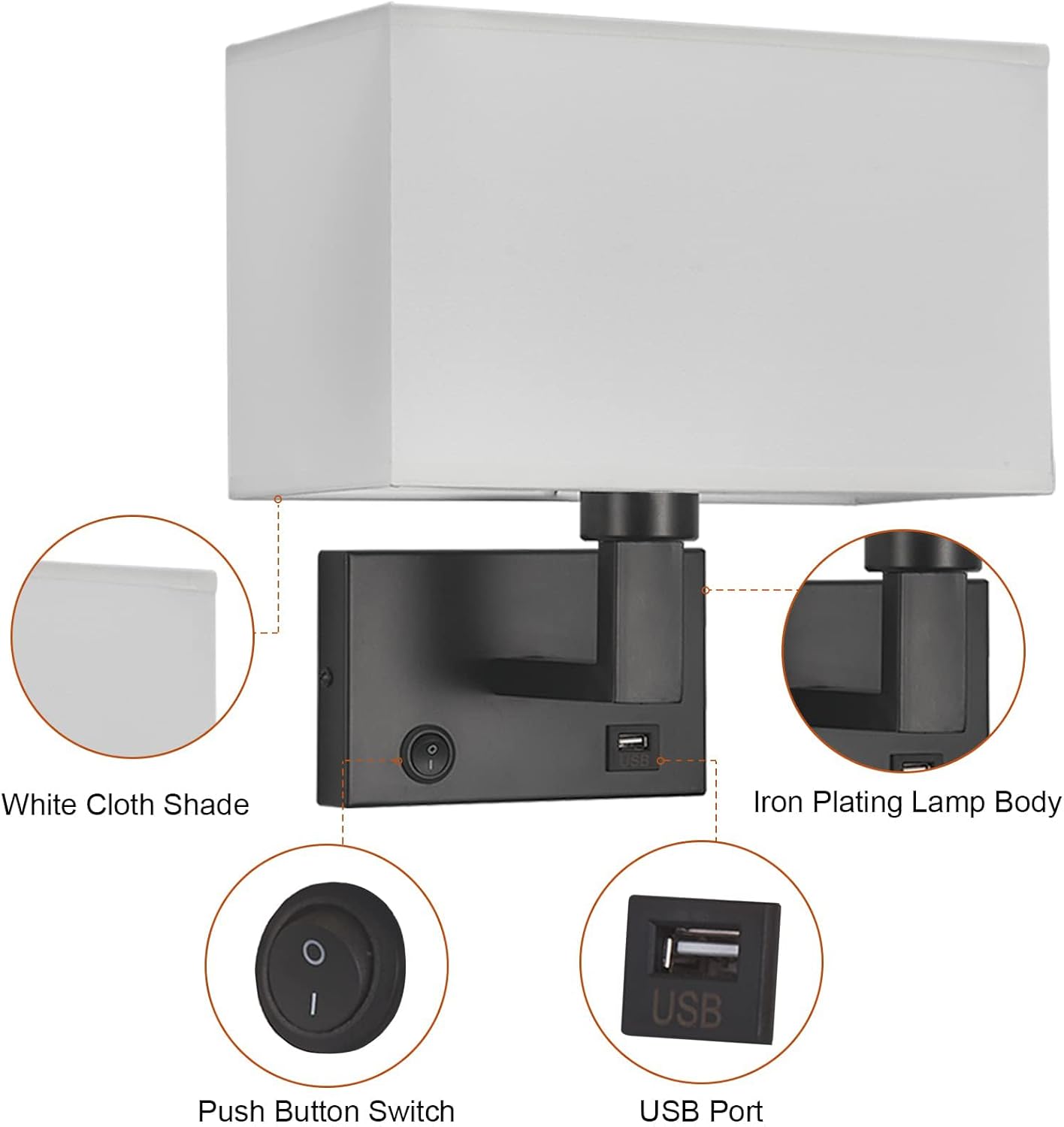 Bedside Wall Mount Light with USB, LED Reading Swing Arm Fabric Shade Wall Sconce Light Hardwired, Perfect for Bedroom, Living Room and Hotel (Black)