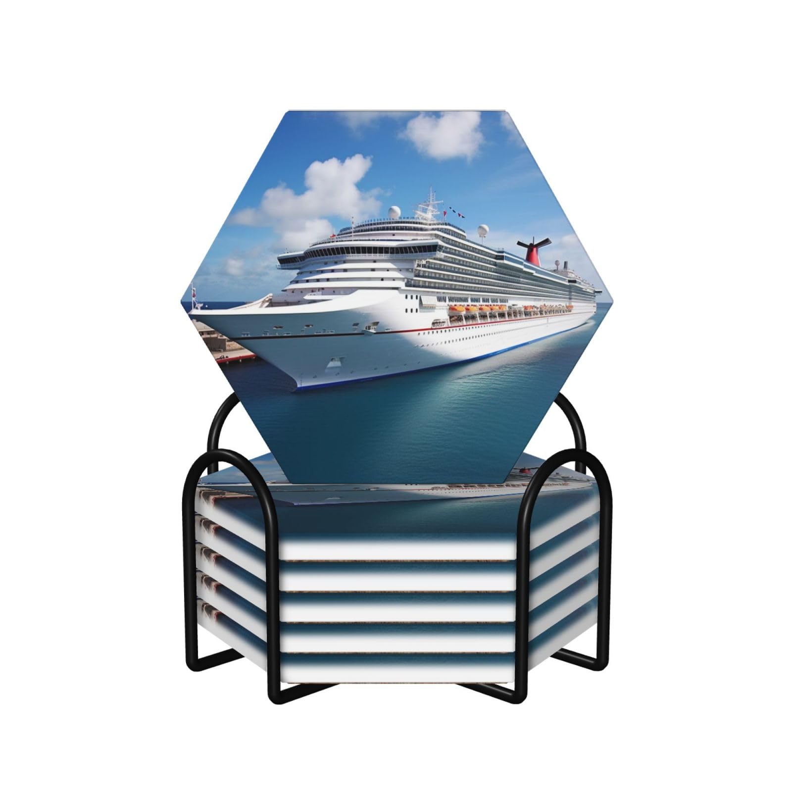 6Pcs Ceramics Coaster for Drinks, Cruise Ships Cup Coasters with Holder, Aesthetic Drink Coasters for Coffee Table, Absorbent Round Coaster for Tabletop Protection 4" Cup Mat Pad