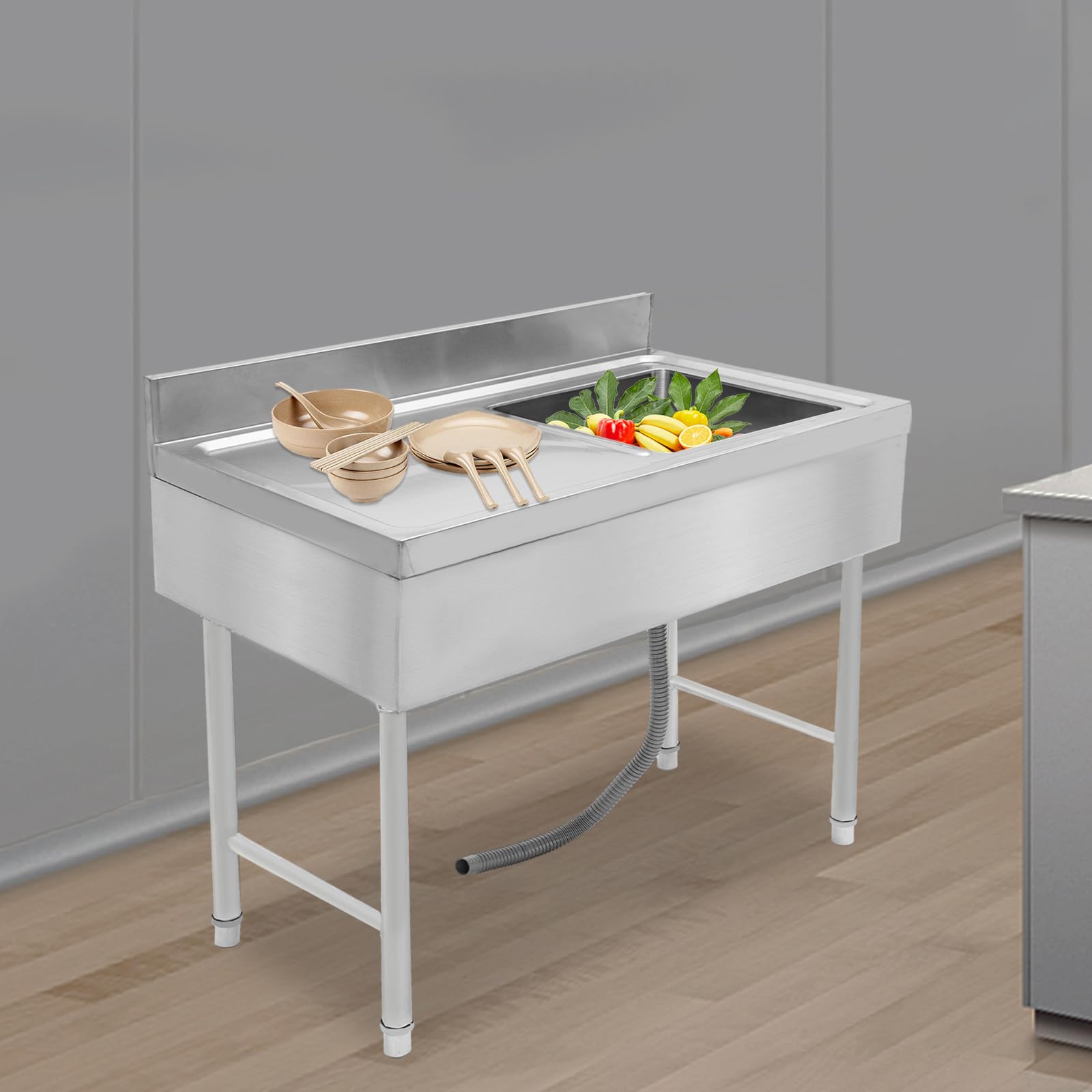 Stół warsztatowy ze stali nierdzewnej, umywalka pojedyncza ze stojakiem i platformą do restauracji, cateringu itp
