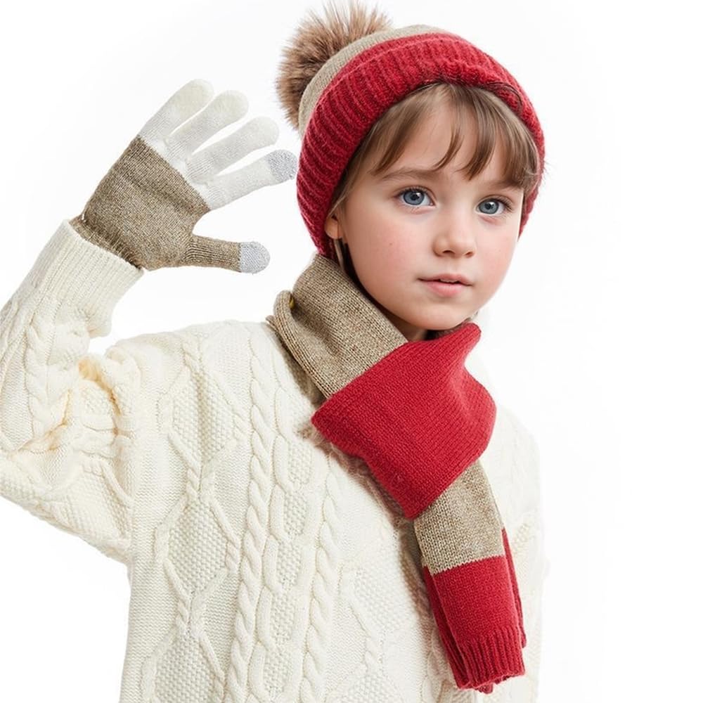 Mütze Schal Handschuhe Set Kinder mit Geschenkbox Winter Geschenkset für Mädchen Jungen Warme Thermo Strickmütze Beanie Cap