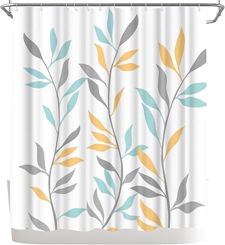 Miniatura 5 de Welmeco Cortina de ducha amarilla con hojas botánicas, cortina de ducha amarilla para decoración de baño, tela de poliéster, 72 x 72 pulgadas