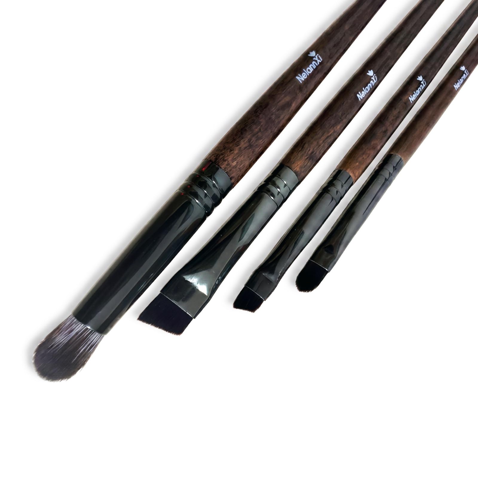 Set di 4 pennelli professionali da trucco, setole in fibra sintetica vegana, pennelli angolati per sopracciglia, eyeliner, labbra e correttore, con manici in legno di faggio