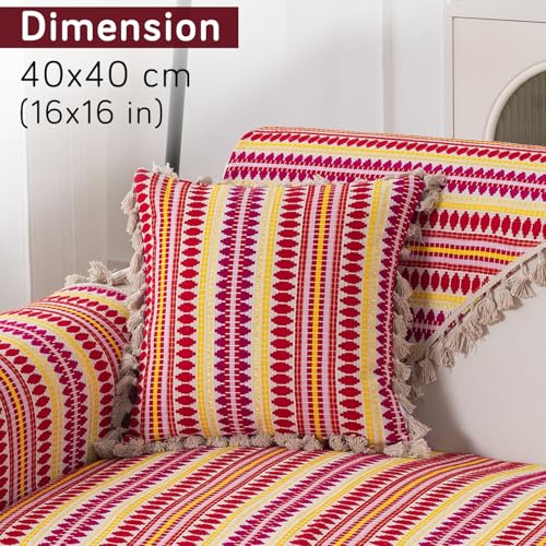 Image of HOKIPO 'Artisan Boho Series' 450 GSM Cushion Cover with Tassels | Cotton Acrylic Jacquard | 16x16 Inch (40x40 cm) | Pack of 2, Ruby Red (IN-905-A6*2)