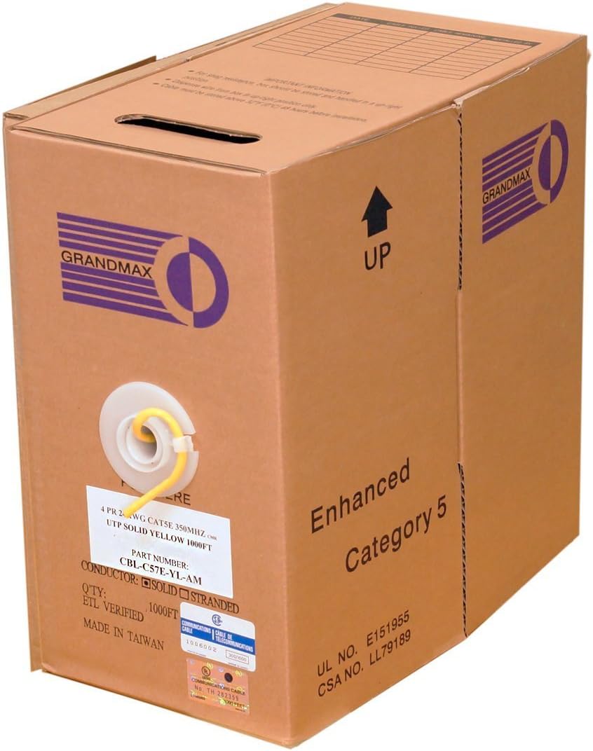 Grandmax CAT5e 350MHz Solid Ethernet PVC Bulk Cable, 1000ft, Wire UTP Pull Box, CMR Rated, 100% Copper, 4 Pair, 24 AWG/ 1000FT/ Yellow