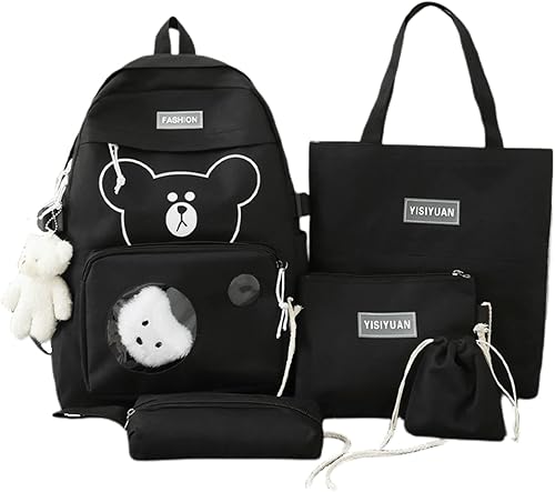 Mochila de viaje con diseño de oso lindo para mujer, 5 piezas, con colgante kawaii, animé japonés, mochila escolar, Negro -