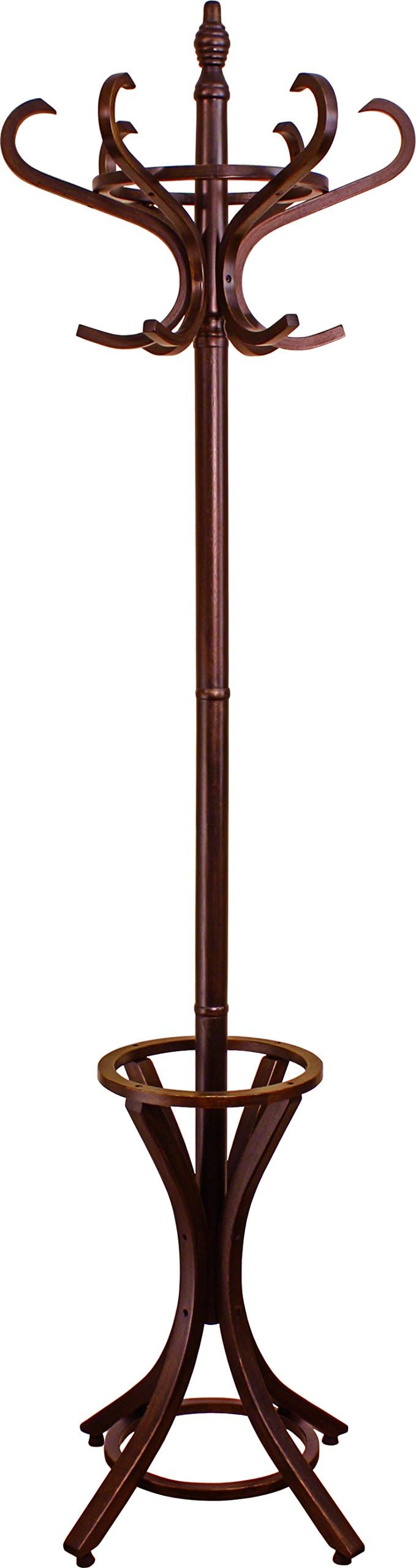 8000 Floor Standing Hat and Coat Rack with Umbrella Stand, Wood with brown Paint Finish