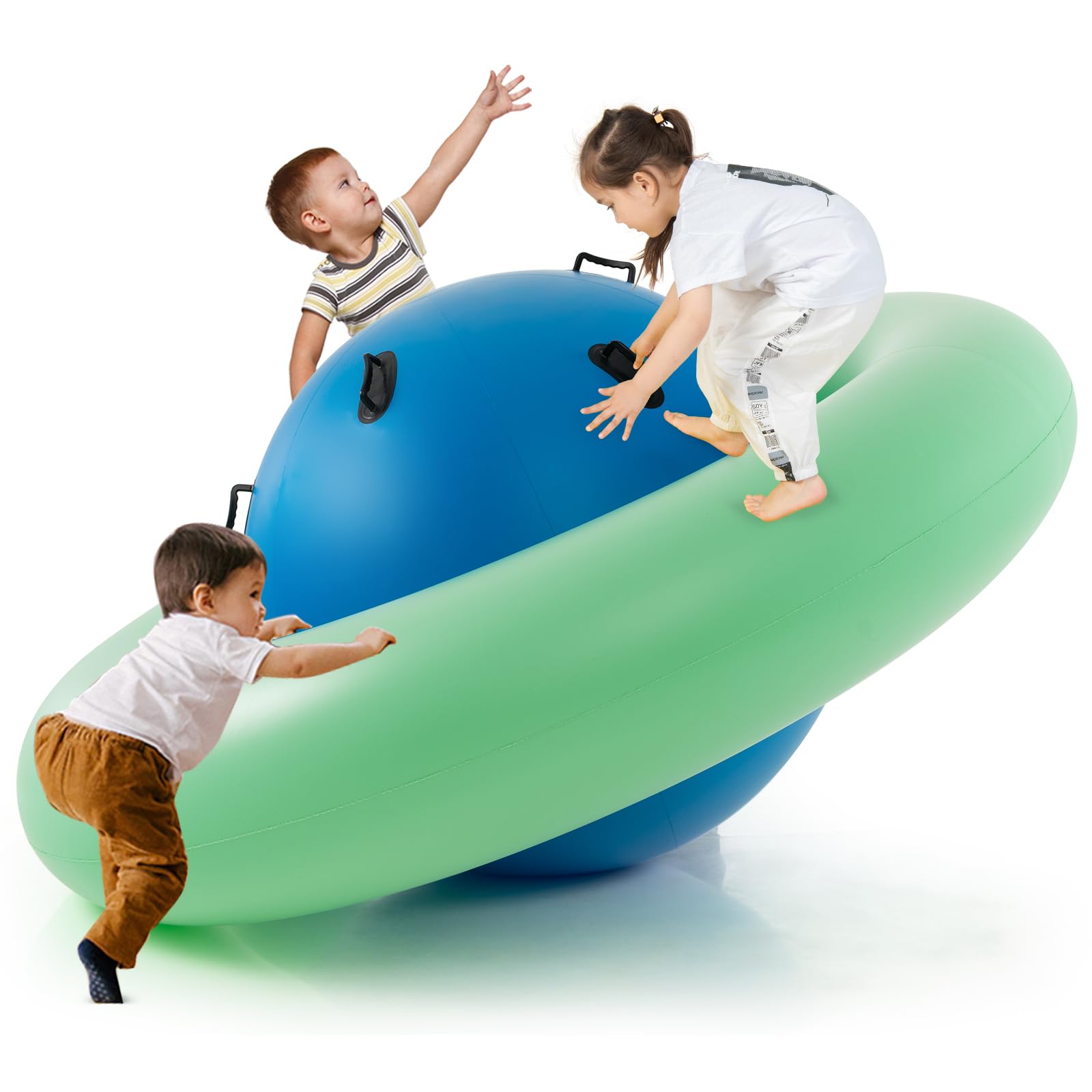 COSTWAY 88'' Inflatable Dome Climbing Rocker, Kids Teeter Totter Seesaw with 6 Handles, Blow Up Giant Rocking Bouncer Ball for Indoor Outdoor (Green+Blue)