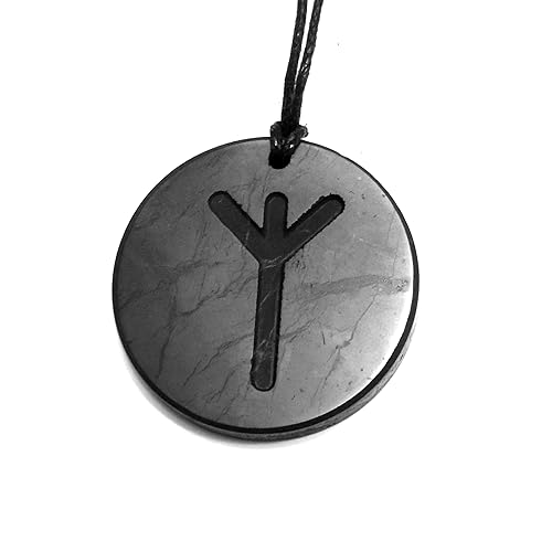 Shungite Pendant Algiz Rune Deep Engraved Necklace - EMF Protection