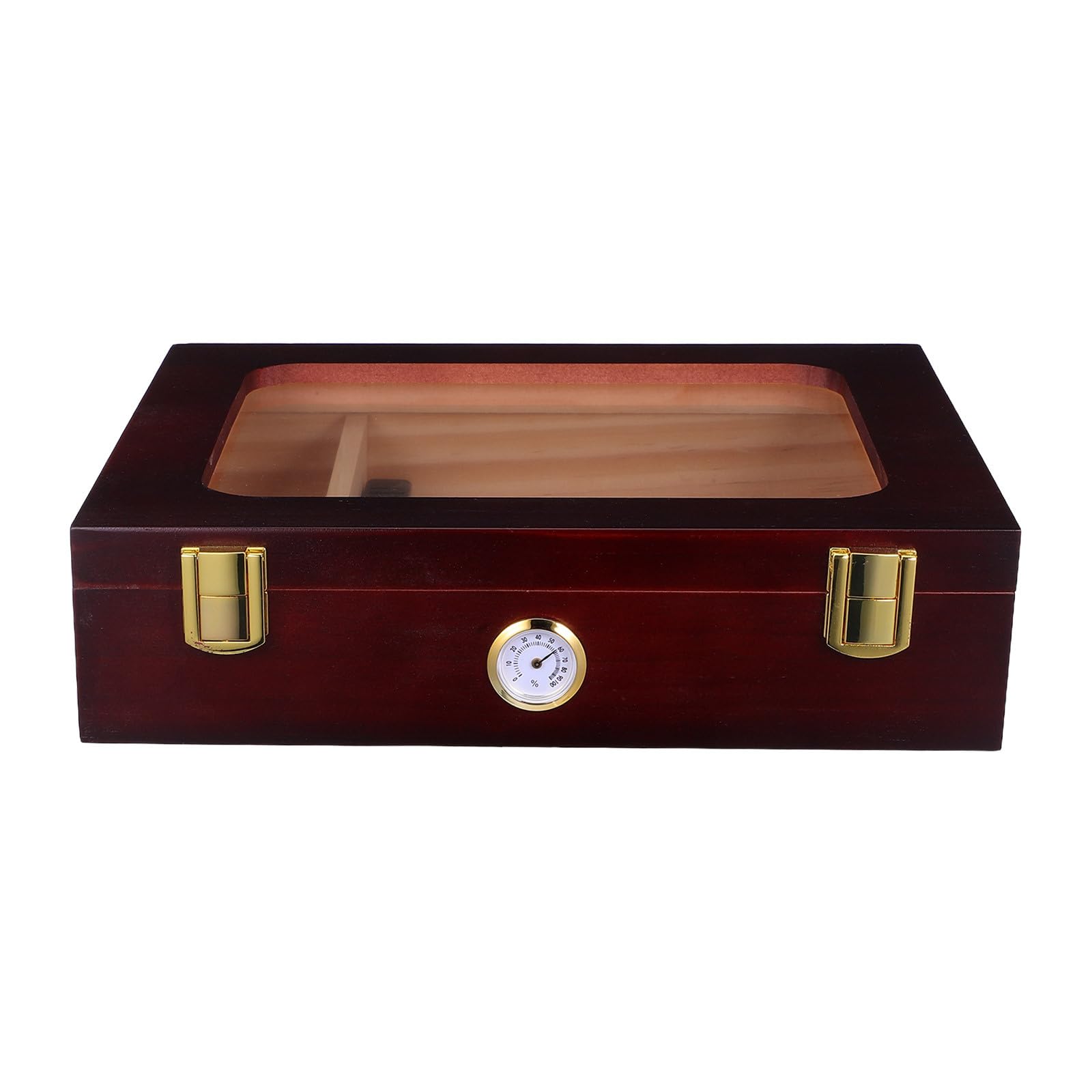 Humidor de Viaje de Madera Marrón con Higrómetro y Humidificador | Tapa de Vidrio, Divisor Interno, Control Preciso de Humedad, para Casa u Oficina