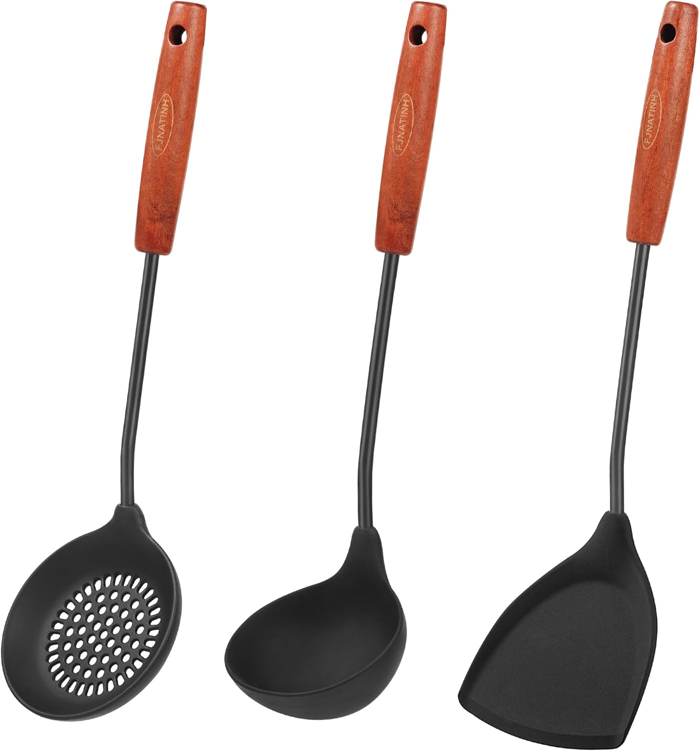FJNATINH Silicone Wok Spatula,Ladle,Skimmer Ladle Tool Set,Non Stick Heat-Resistant Stainless Steel Cooking Utensils BPA Free Kitchen Utensils Cookware, Pack of 3,Black FJNATINH Silicone Wok Spatula,Ladle,Skimmer Ladle Tool Set,Non Stick Heat-Resistant Stainless Steel Cooking Utensils BPA Free Kitchen Utensils Cookware, Pack of 3,Black