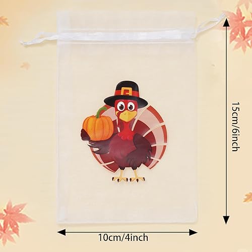 Miniatura 2 de Whaline 48 bolsas de organza de otoño de Acción de Gracias, con cordón, pavo, calabaza, espantapájaros, palabras, bolsas de regalo, bolsas de regalo