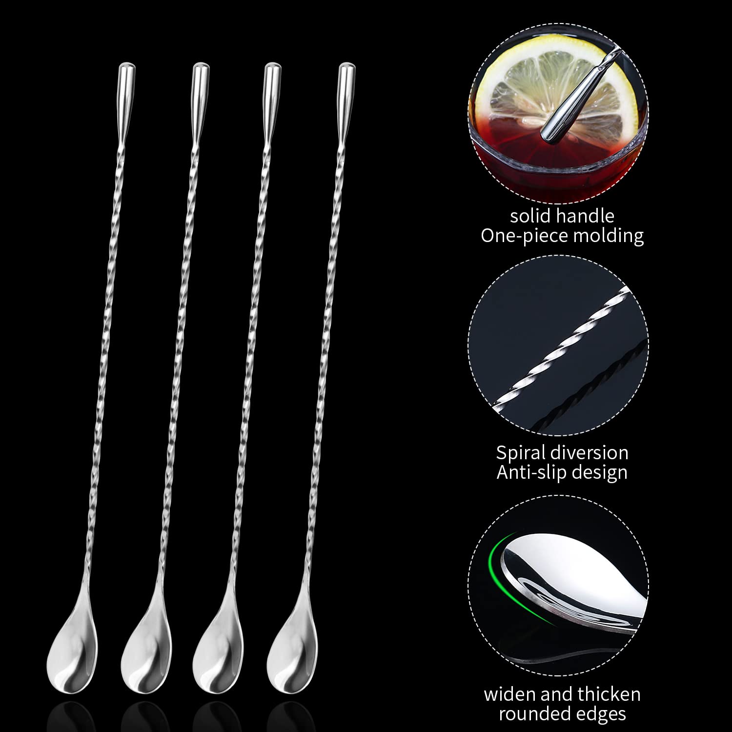 4 Piezas Cuchara Mezcladora, Cuchara de Cóctel Acero Inoxidable Agitador de Barra en Espiral para Cócteles, Batidos, Café, Jugo, Té