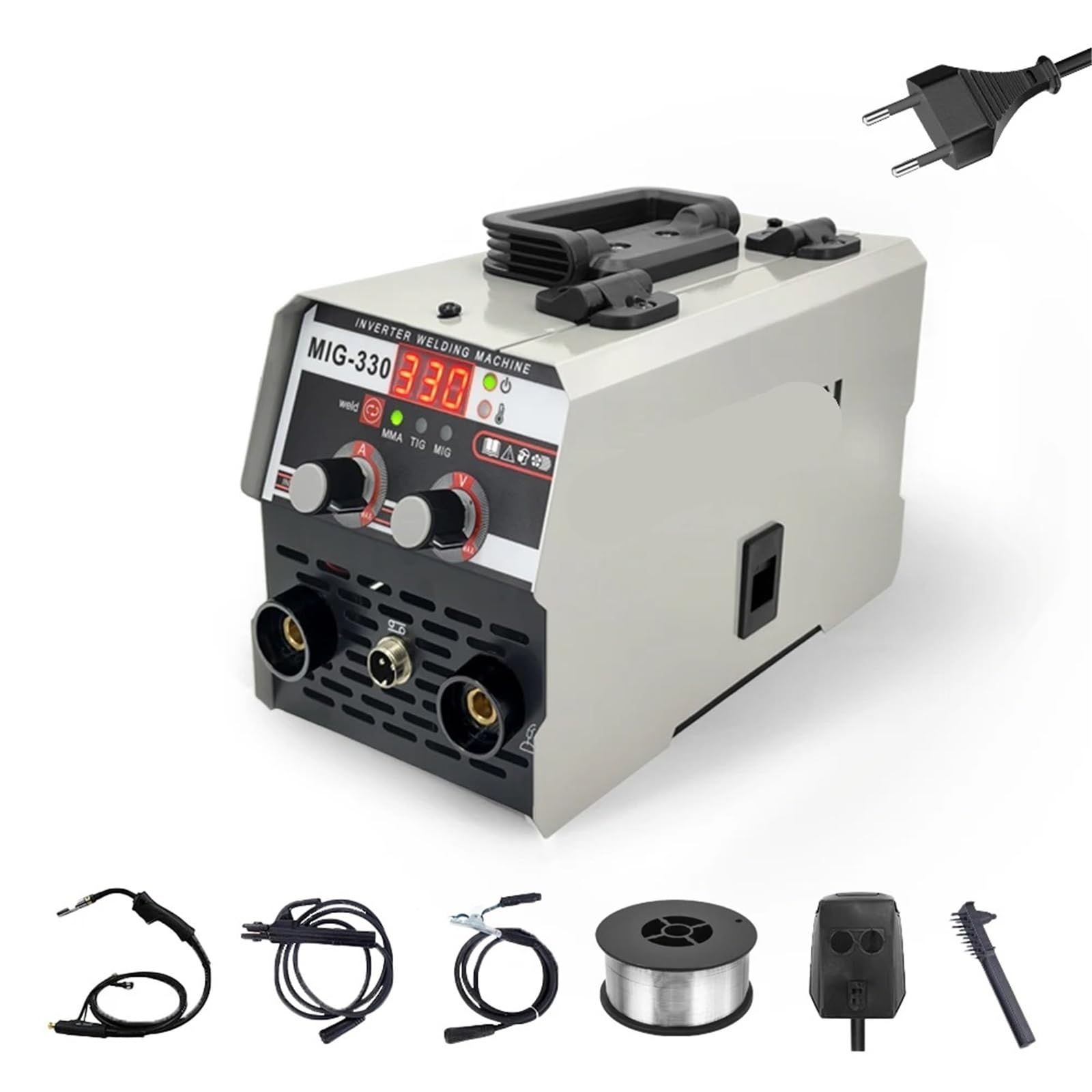 MIG MMA TIG 330A, półautomatyczna spawarka 3 w 1, z falownikiem i drutem nadziewanym, bez gazu (220 V EU)