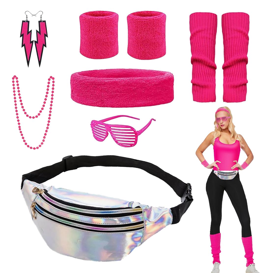 UQTUKO 80er 90er Jahre Outfit Damen, 80er Jahre Kostüm Damen Party Kleidung Accessoires mit Neon Stirnband Armbänder Beinwärmer Bauchtasche Brille Ohrring für Mottoparty Fasching Karneval