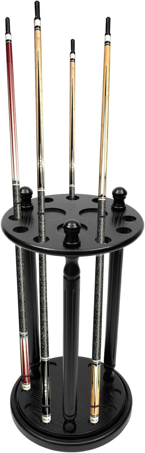 360° Rotating Pool Cue Holder Stand for 9 Sticks, Solid Rubber Wood Billiard Rack with 3 Cup Holders, Space-Saving Floor Standing Storage for Cues, Golf Clubs & Fishing Rods (Black)